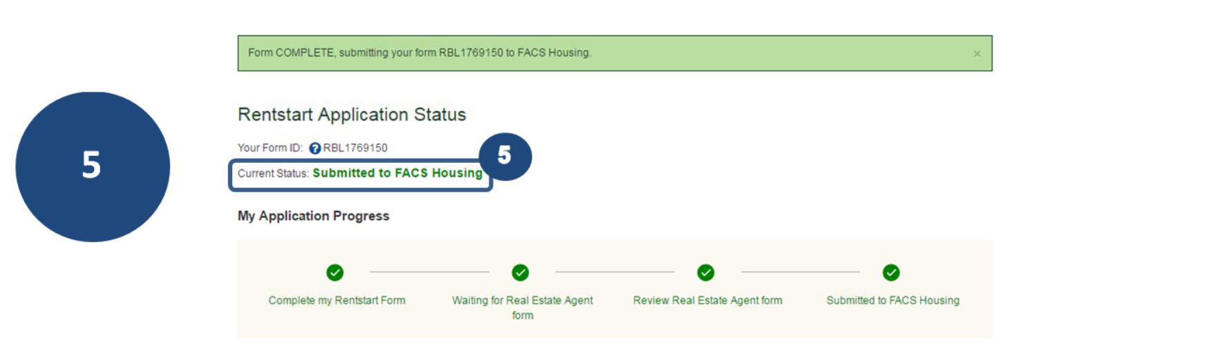 5. Once submitted, the status shows the application has been successfully submitted to FACS Housing.