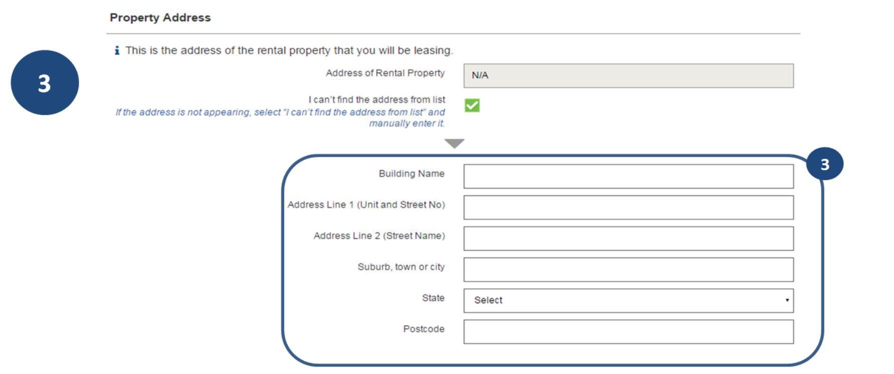 3. If the address does not appear, tick the ‘I can’t find address from list’ box and enter all the details.